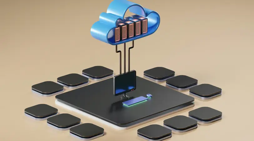 3D conceptual art of cloud computing with devices on a network in canada